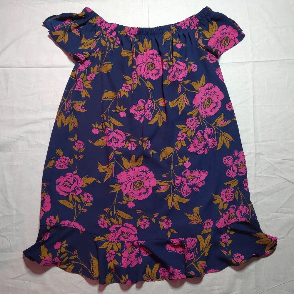 Express Dress Women's Medium Blue Pink Floral Short Sleeve Off Shoulder Dress